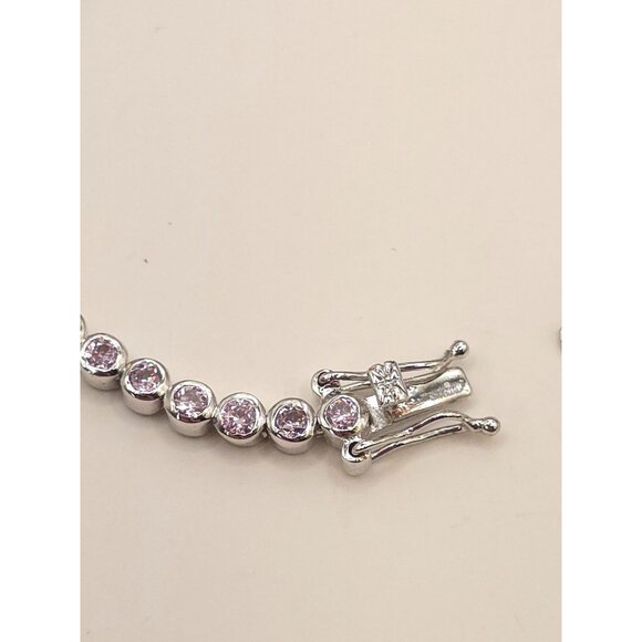 Silver Tone Tennis Bracelet With Pink CZ Stones & Secure Clasp - Picture 10 of 11